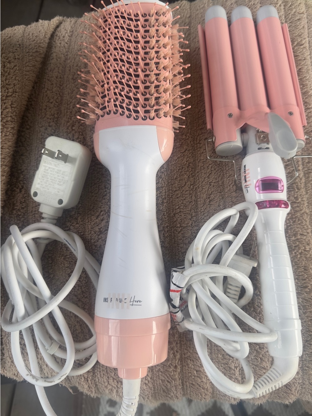 Pink & White 2-Piece Hair Styler Set — Brush Dryer and Triple Barrel Waver
